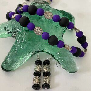 Necklace and Pierced Earring Set Purple Neon Czech Black Beads Aztec Sil…